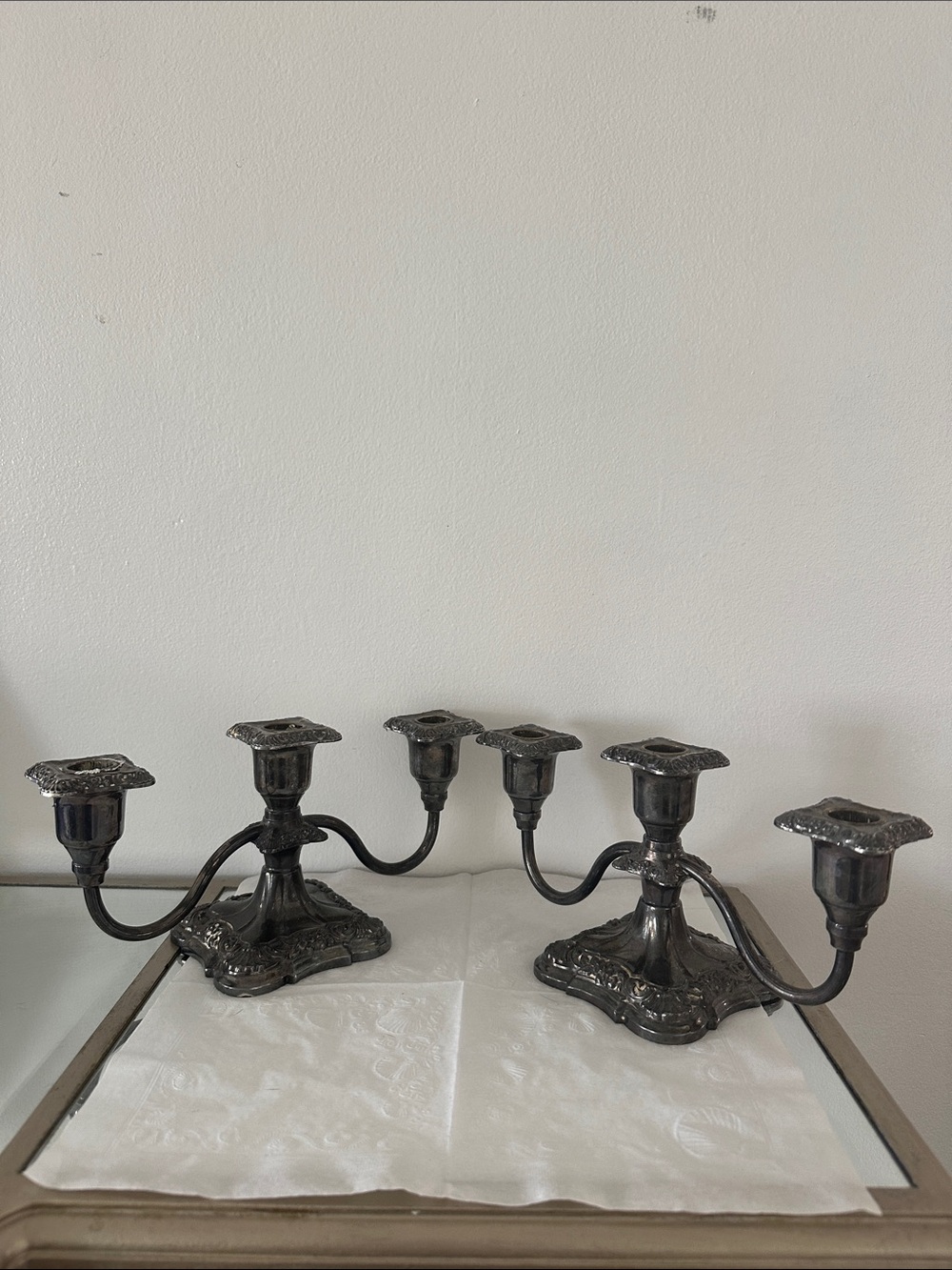 Poole Silver Co. candelabra pair Old English #5015 Silver Plate